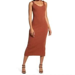 NWT Good American Twisted Sleeve Ribbed Midi Dress Tortoise Shell Womens Sze 3/4